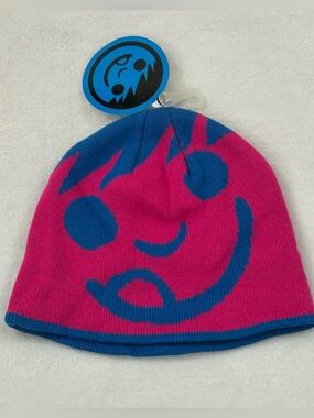 NEFF Smiley Happy Face Pink Blue CuffLess Acrylic Knit Winter Beanie Hat Youth